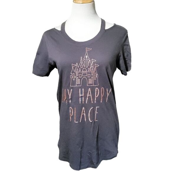 Disney Parks MY HAPPY PLACE Gray Rose Gold Cold Shoulder T-shirt Women’s Medium - Picture 1 of 9